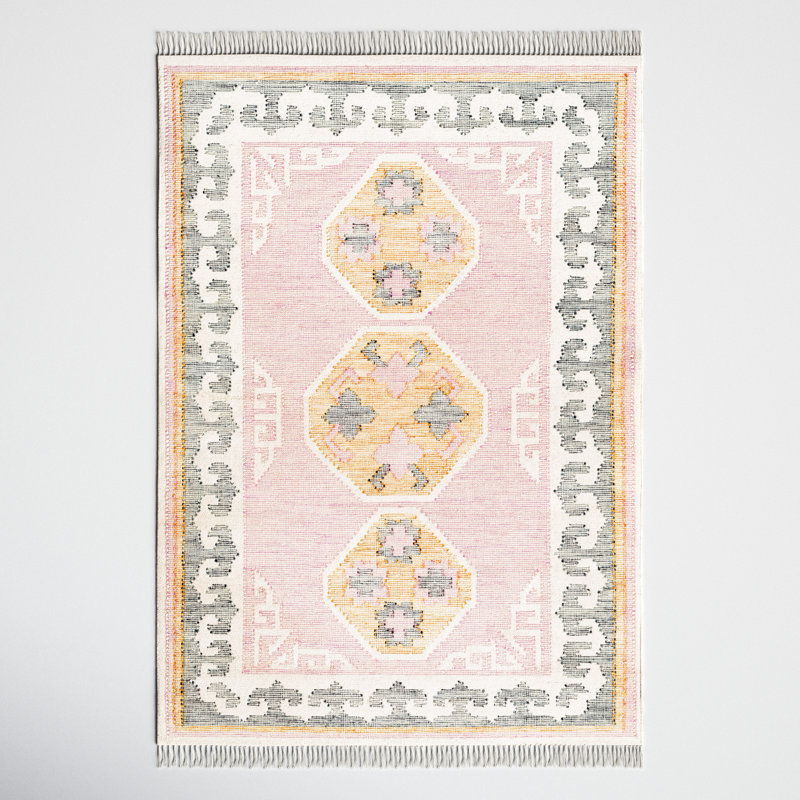 Ferrand Oriental Hand Woven Wool Area Rug in Pink/Yellow/Slate, Rectangle 5' x 7'6"