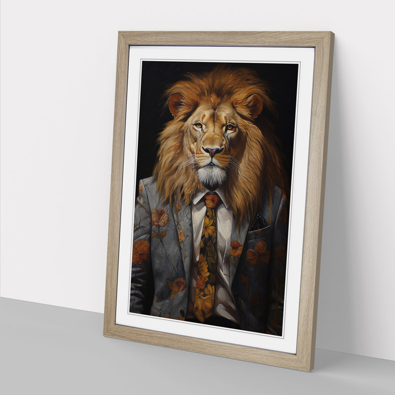 Lion In A Suit Painting No.3 - Single Picture Frame Print on Wood, Oak Framed, 64cm H x 46cm W x 2cm D