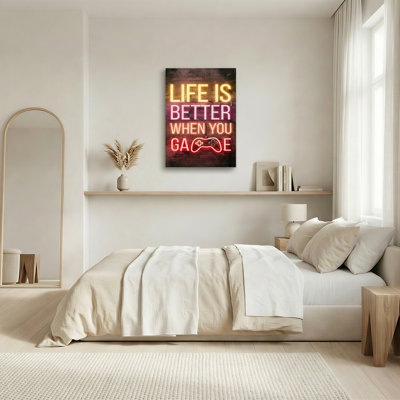 Neon Life Is Better When You Game Sign On Brick Wall Canvas Wall Art