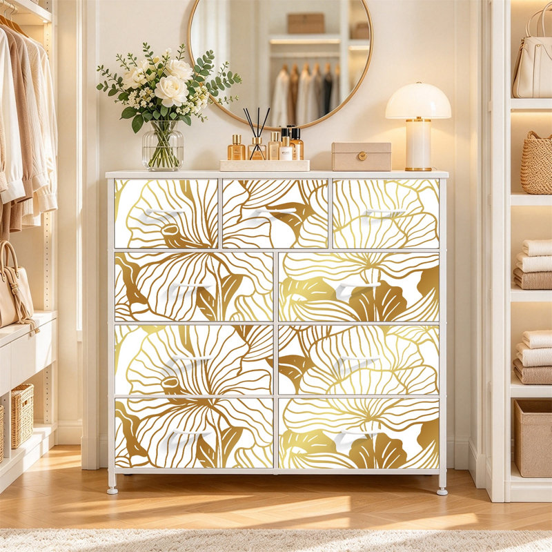 Commode avec 9 tiroirs en tissu, commode haute pour chambre à coucher, commode à grandes tiroirs pour le salon, Blanc