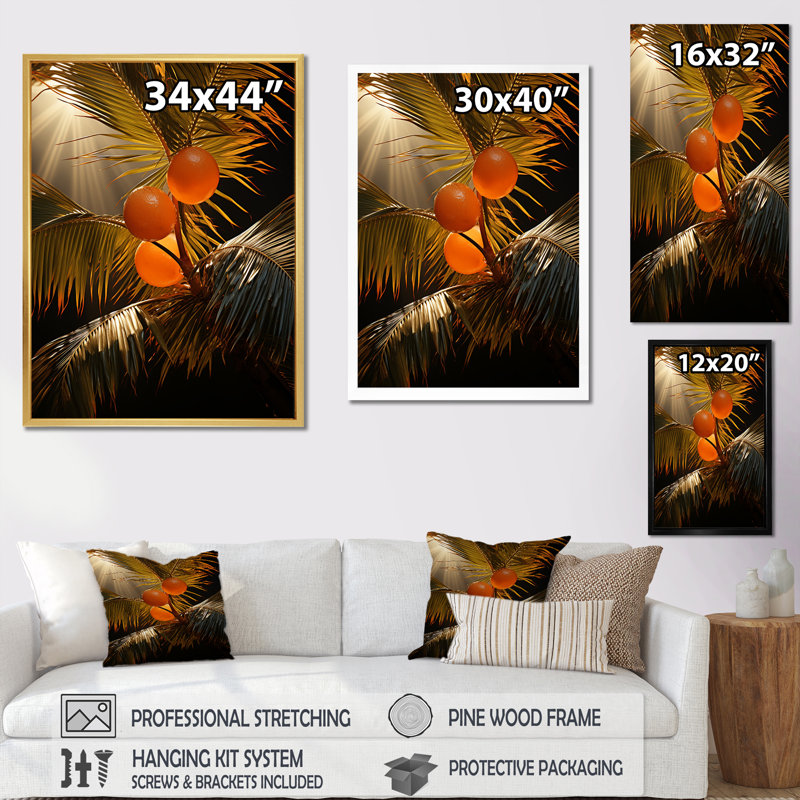Coucher de soleil sur les feuilles de palmier tropical II sur toile, Cadre blanc, H 32 po x l 24 po x P 1 po