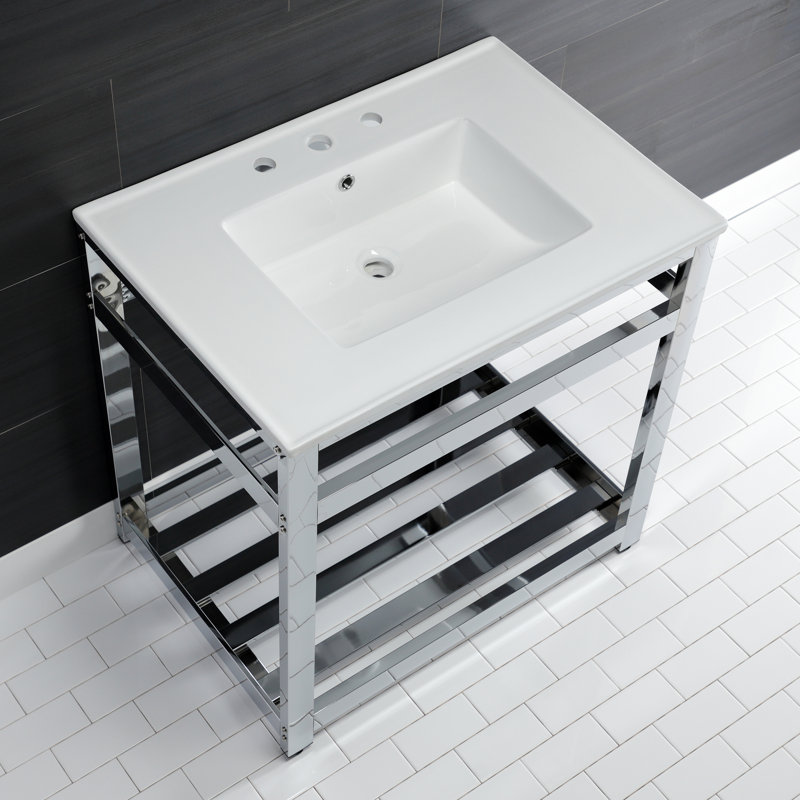 Kingston Brass Quadras 31-Inch Ceramic Console Sink with Steel Base and Shelf, White/Chrome, 8" Centers