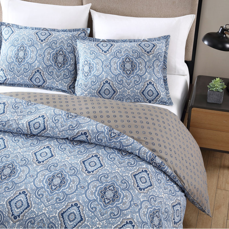 Milan Blue and Gray Cotton Twin Reversible Comforter Set