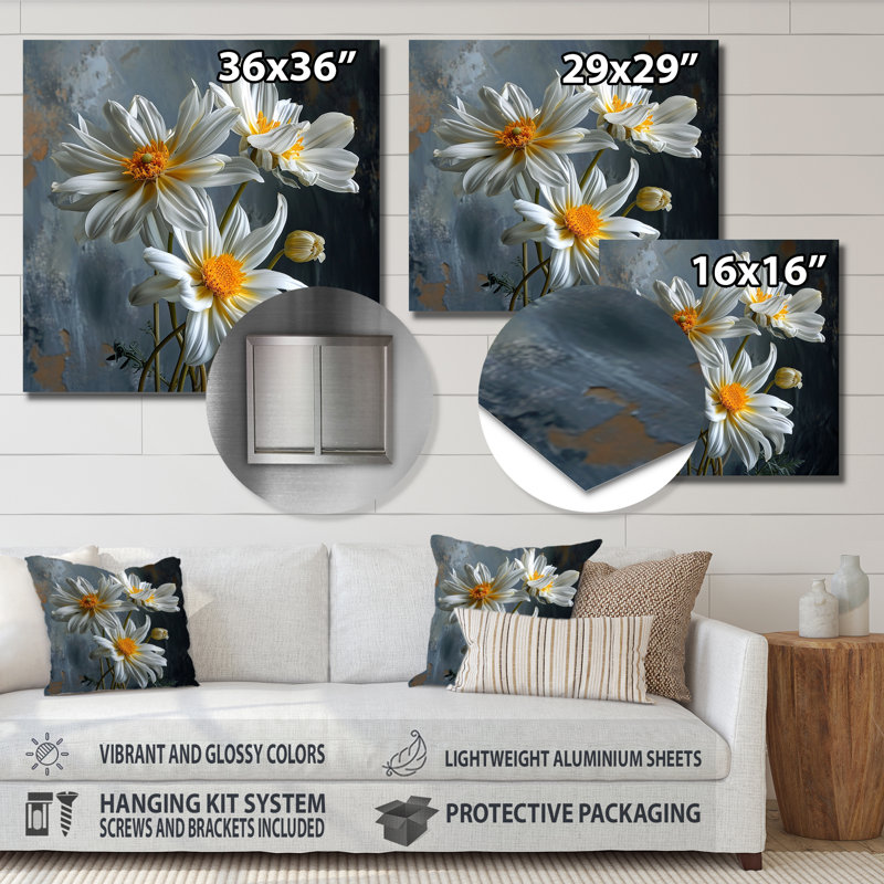 Trois fleurs de marguerite blanche - impression d'art mural marguerite, Sans cadre, métal, H 16 po x l 16 po x P 1 po