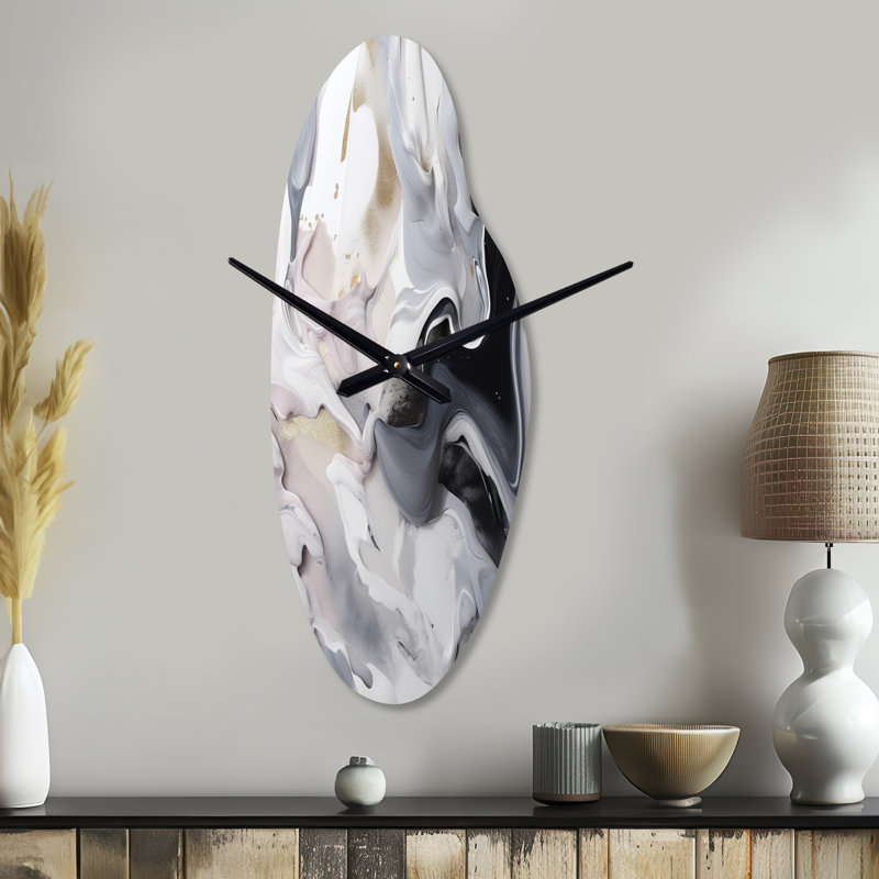 Blanc et gris captivant marbre II - horloge murale asymétrique moderne en métal, impression d'horloge murale blanche, Moyenne
