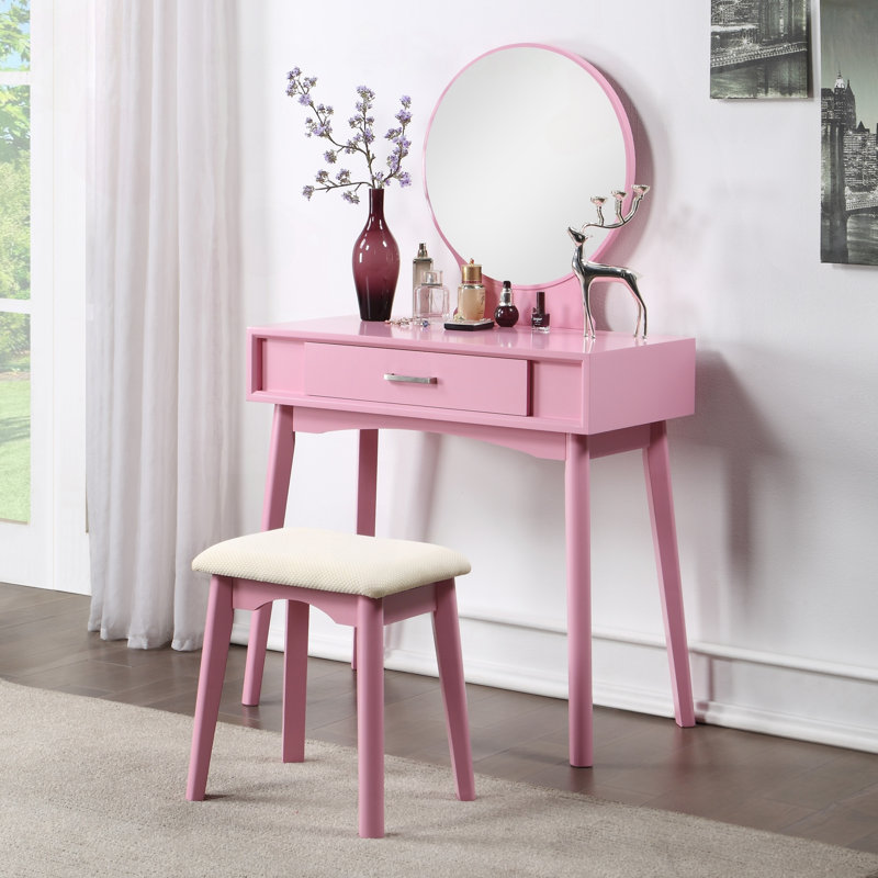 Ensemble coiffeuse contemporaine avec miroir rond et pieds fuselés, Pink