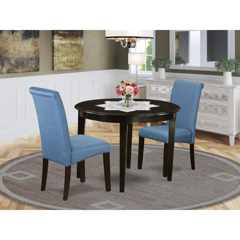 Ensemble de coin repas 3 pièces pour petits espaces comprenant une table de salle à manger de cuisine ronde et 2 chaises Parson en tissu de couleur bleue, cappuccino de 42 po x 42 po