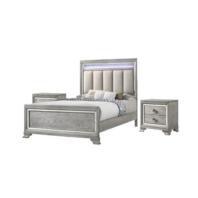 1pc grand lit à panneau avec éclairage à DEL intégré tête de lit capitonnée grain de bois gris doux mobilier en bois massif
