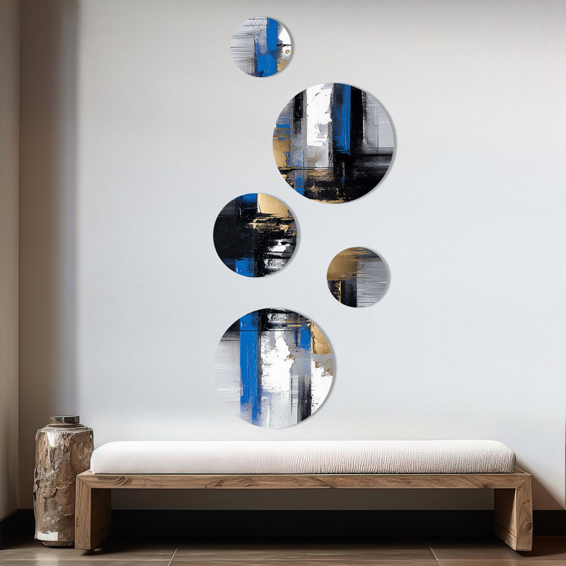 Peinture dorée et bleue Elegance I - Collages abstraits, ensemble d'art mural rond de 5
