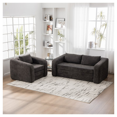 2-Piece Foldable Chenille Sofa Bed Set, Convertible Living Room Couch in Gray