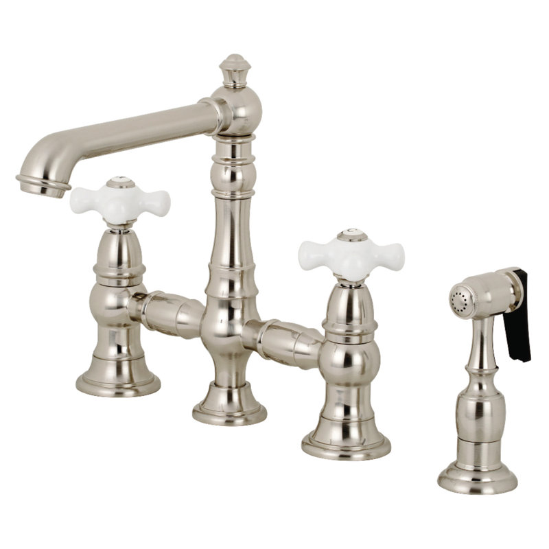 Kingston Brass English Country Two-Handle 4-Hole Deck Mount Bridge Kitchen Faucet with Brass Side Sprayer, Brushed Nickel