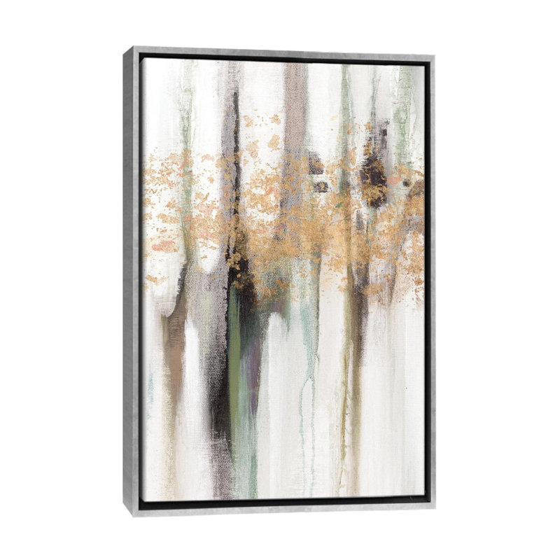 «Falling Gold Leaf I» par Studio W - reproduction sur toile tendue, H 48 po x l 32 po x P 1,5 po, Toile avec cadre argenté