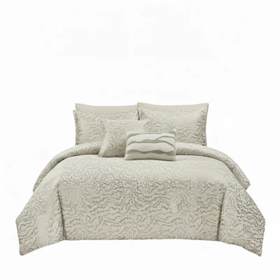Botanical 5-Piece Comforter Set - Pintuck Bedding with Abstract Wave Design