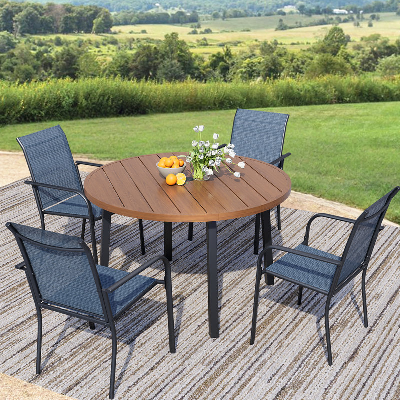 5-Piece Outdoor Dining Set, Round Metal Table With 4 Light Blue Chairs, Walnut Patio Table With Umbrella Hole For Garden, Yard, Patio