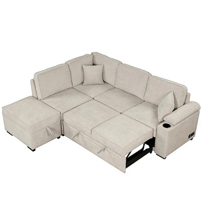 Canapé-lit de 84,75 po, canapé-lit coulissant en L 2 en 1 avec repose-pieds de rangement pour le salon, le canapé de la chambre à coucher et le petit appartement, beige