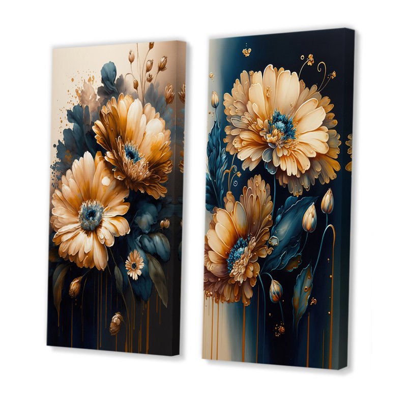 «Marguerite orange clair et bleu foncé», 2 pièces sur toile, Toile tendue, H 40 po x l 40 po