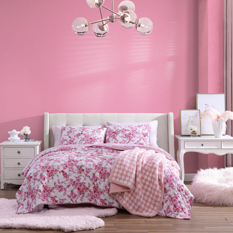 Pink Floral Twin Microfiber Reversible Quilt Set