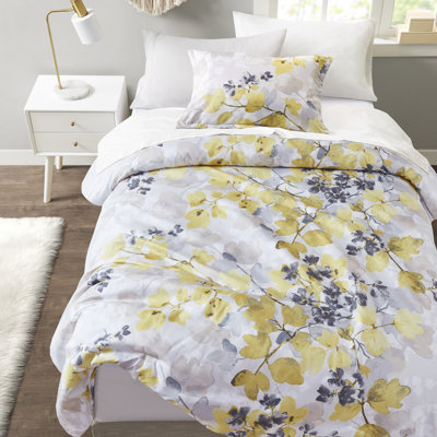 Literie pour lit simple TG avec édredon - Imprimé feuille jaune et gris, matériau en microfibre, rembourrage, poches latérales pour drap-housse pour plus de commodité, édredon complet, taies décoratives, draps, taies d'oreiller modernes et ultra