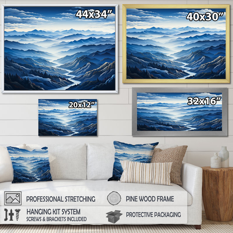 «Blue and White Mountain Majesty Panorama III - Landscape Mountains», art mural, Cadre flottant noir