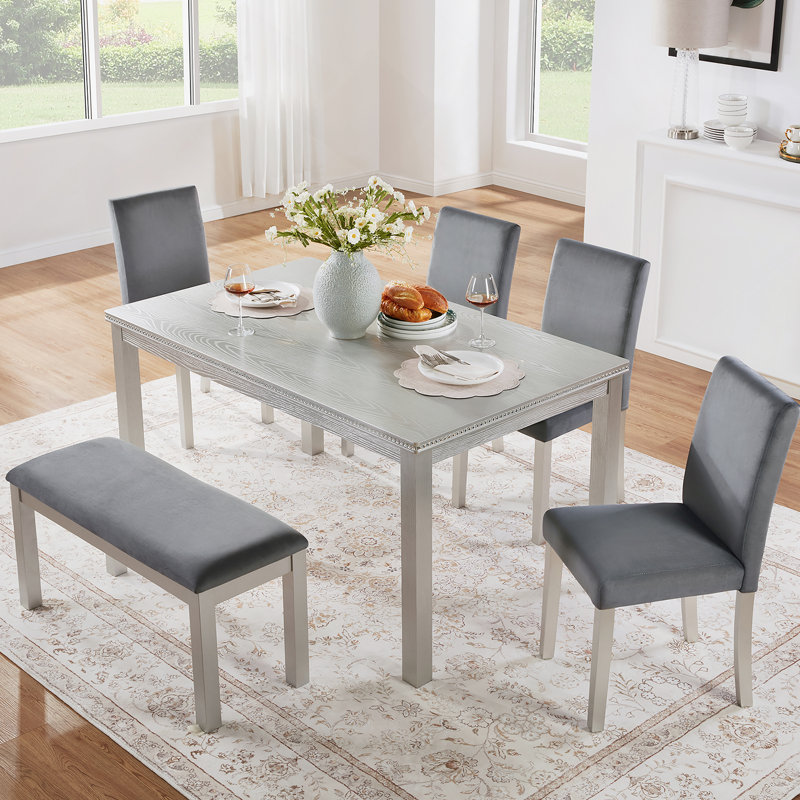 Ensemble de table de salle à manger 6 pièces en bois avec chaises rembourrées et banc, idéal pour les dîners de famille et les rassemblements formels, avec décoration en cristal