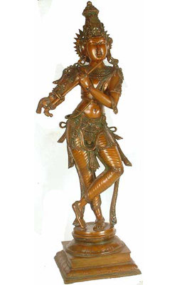 Brass Krishna Flute Player Statue, 36 in. Tall     Handcrafted Hindu Deity Sculpture for Living Room & Meditation Space