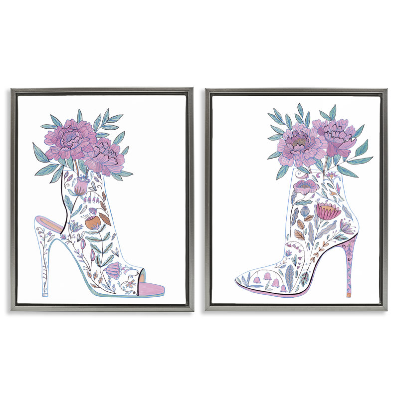 Ensemble de 2 bottes à talon aiguille floral encadrées par Melissa Wang, Cadre flottant gris lustré, H 21 po x l 17 po