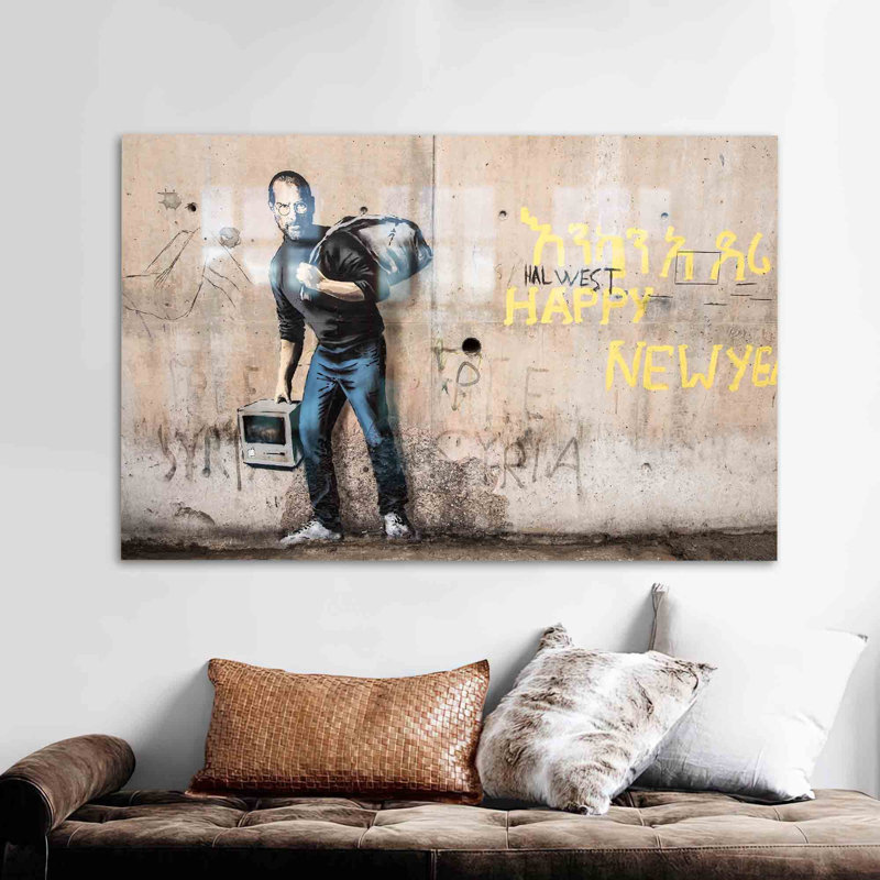 Art mural en verre sur le thème de première qualité de Steve Steve mettant en vedette le style graffiti de Banksy, idéal pour un décor moderne