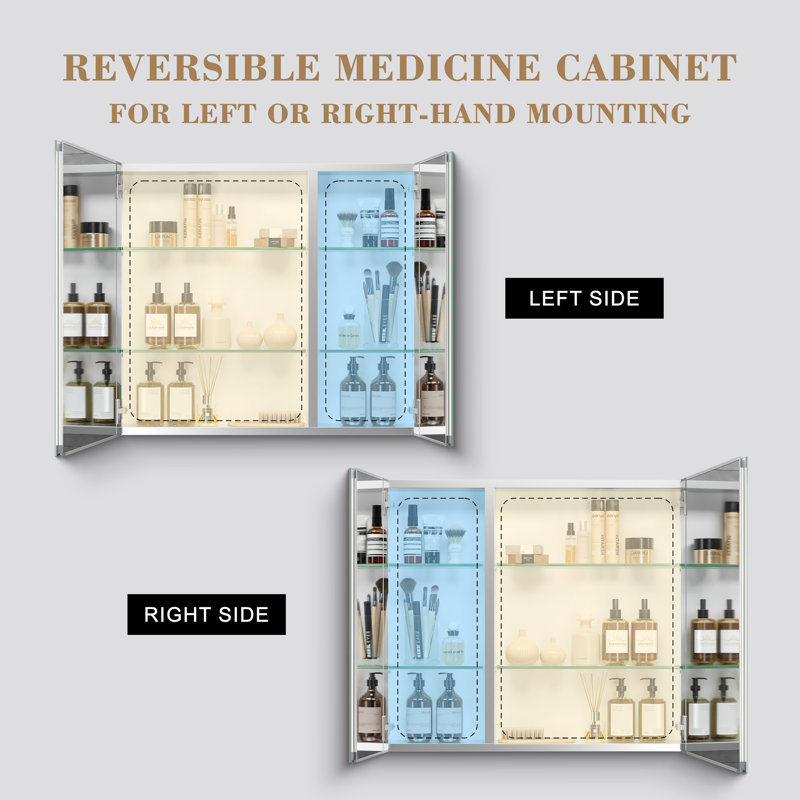 Armoire à pharmacie avec miroir à fixation en surface ou grand espace de rangement encastré en aluminium