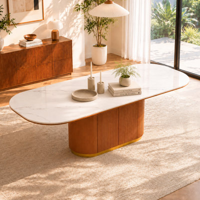 Table de salle à manger 86,61 po ovale en pierre frittée avec base de rangement, finition noyer moderne avec accent doré, parfaite pour les repas et les rassemblements à domicile