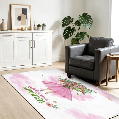 Clear Machine Washable,Watercolor Spring Lovely Girl Indoor Area Rug
