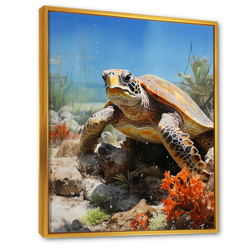 Aquarelle d'une tortue par le capitaine de la côte sur toile, Cadre flottant doré, H 40 po x l 30 po x P 1,5 po