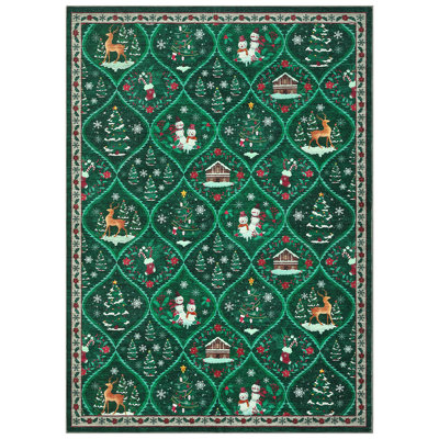 Grand tapis de père Noël et de renne de 9 x 12 po antidérapant, tapis lavable mince, revêtement de sol à poils courts doux, tapis imprimé intérieur sans perte de poils pour les espaces ouverts, vert