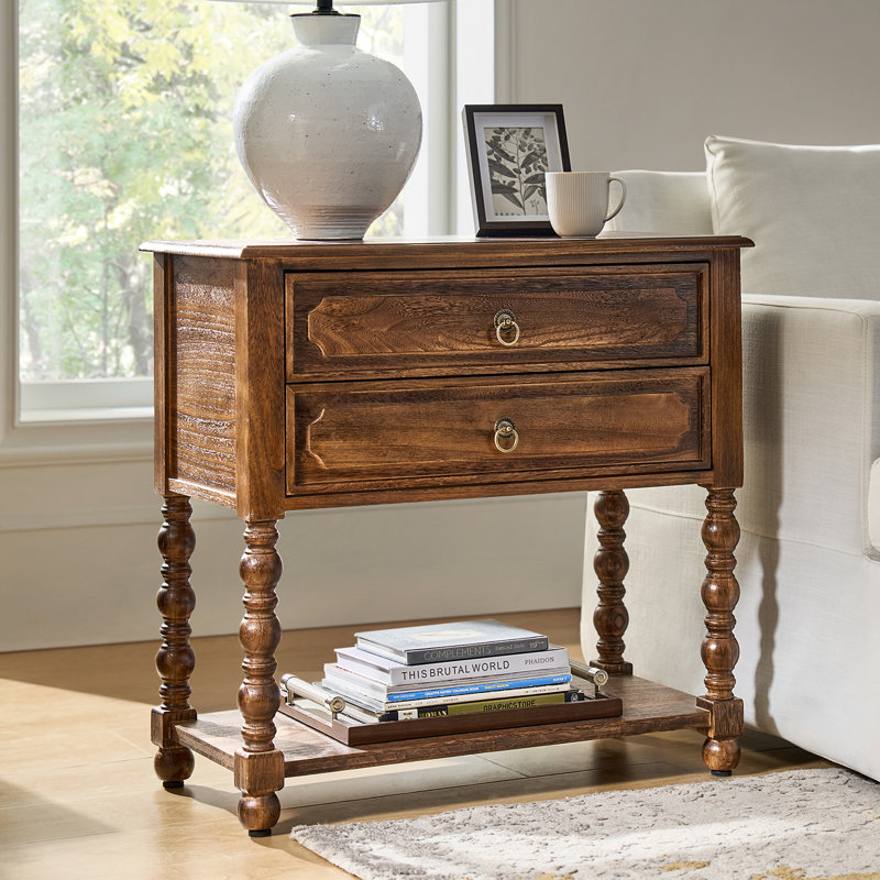 Jeremie Traditional 30"Tall Solid Wood 2-Drawer End Table with Built-in Charging Outlets, Walnut