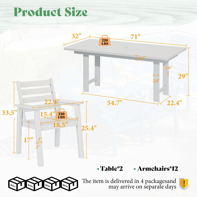 Ensemble 14 pièces de table de salle à manger extérieure Hdpe avec chaises et trou pour parasol, blanc, Blanc