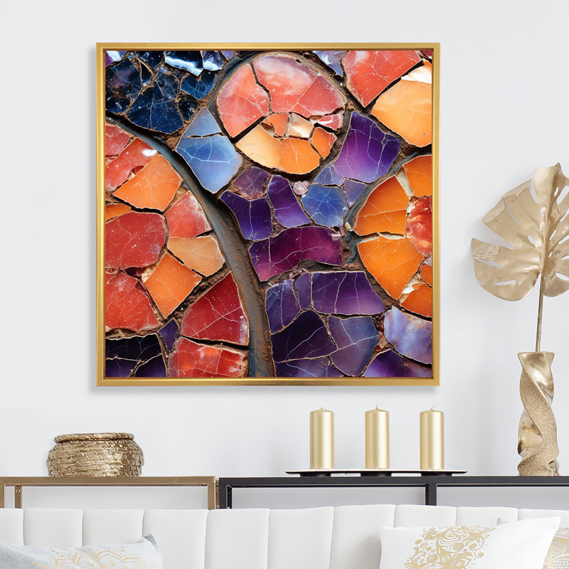 Orange et cristal mauve guérissant II - pierre géode, art mural, Or, H 16 po x l 16 po