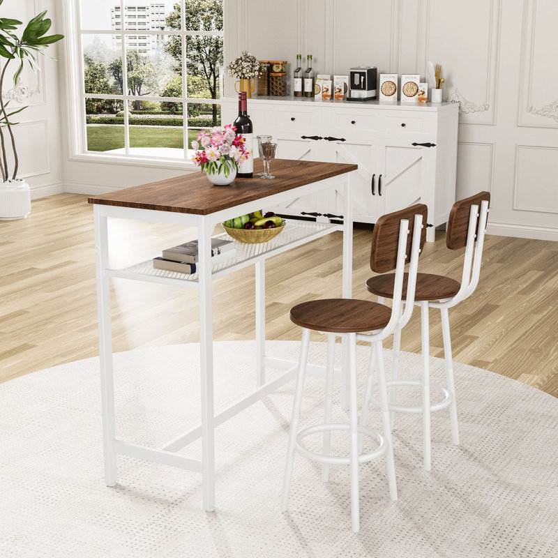 Ensemble de 3 tables de bar, 2 tables de bar et chaises avec cadre en métal et support de rangement, table de hauteur comptoir moderne avec 2 tabourets pour la cuisine, la salle à manger et le salon