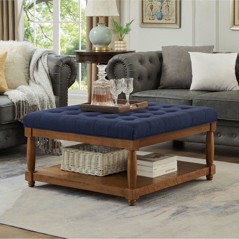 Grande table basse carrée avec repose-pieds en lin capitonné et grand repose-pieds avec tablette en bois massif - bleu marine