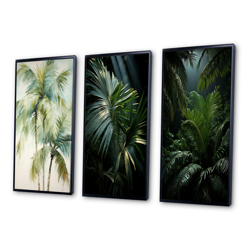«Green Minimalims Palm Trees», 3 pièces sur toile, Cadre flottant noir, H 28 po x l 36 po
