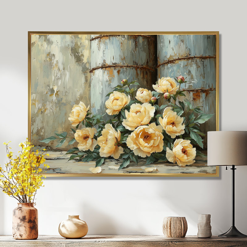 Ferme, pivoines par le grain de silo II - pivoines, art mural, Impression encadrée flottante, H 24 po x l 32 po, Doré