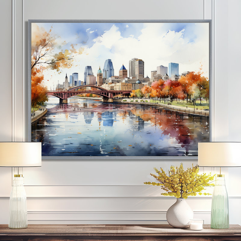 Minneapolis en automne I, H 34 po x l 44 po x P 1,5 po, Encadrement argenté