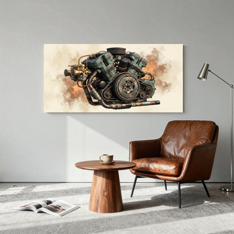 Ensemble de 1 tableau sur toile Steampunk représentant un moteur, 58“W x 28”H, Wrapped Canvas