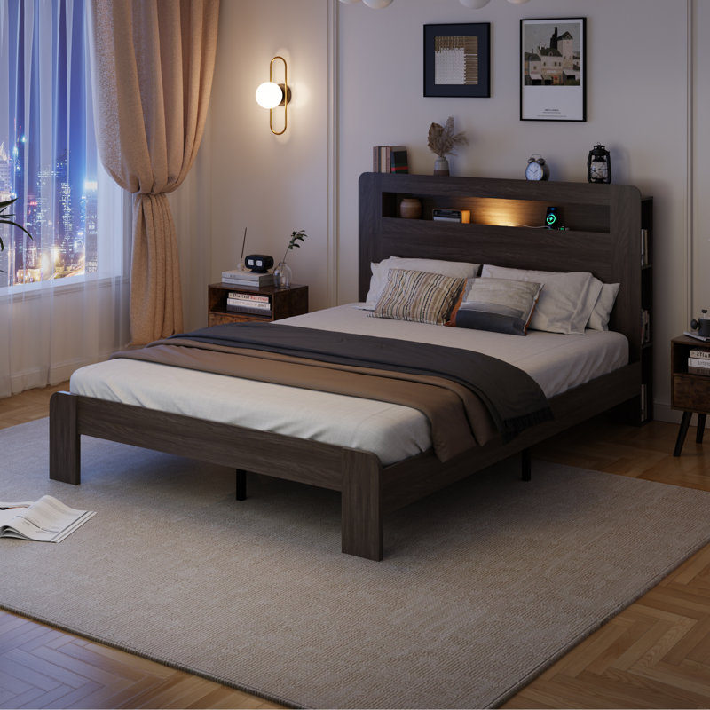Wooden Bed Frame With Storage Headboard, Gray, Full