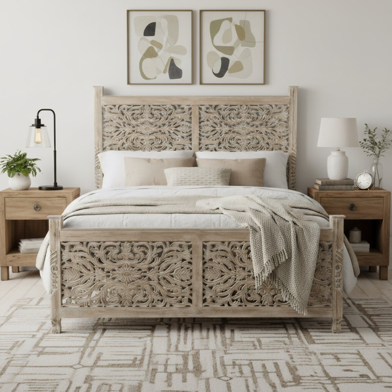 Harleen Solid Wood Standard Bed, King, Limestone Beige