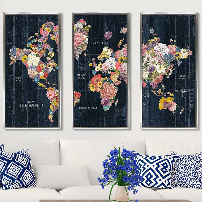 «Botanical Floral Map Words», reproduction de 3 pièces sur toile flottante, H 33,5 po x l 52,5 po x P 2 po