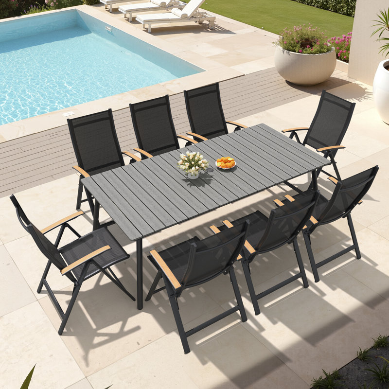 Ensemble repas pour 8 personnes avec structure en aluminium et fauteuils inclinables pliés, Gris