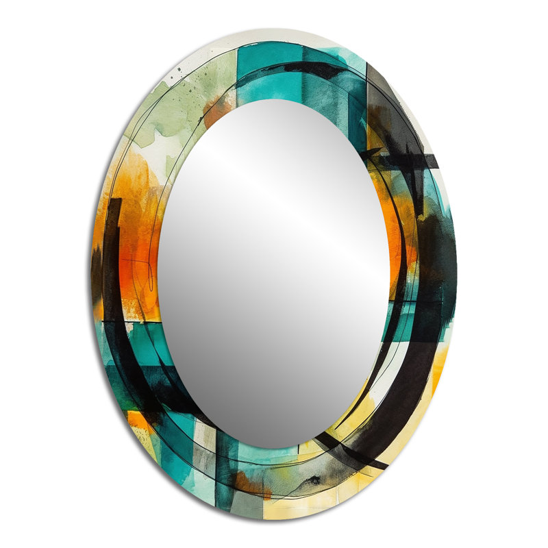 Orange Abstracted Geometric Explorations V - Orange Modern Oval Wall Mirror, 40" x 30"