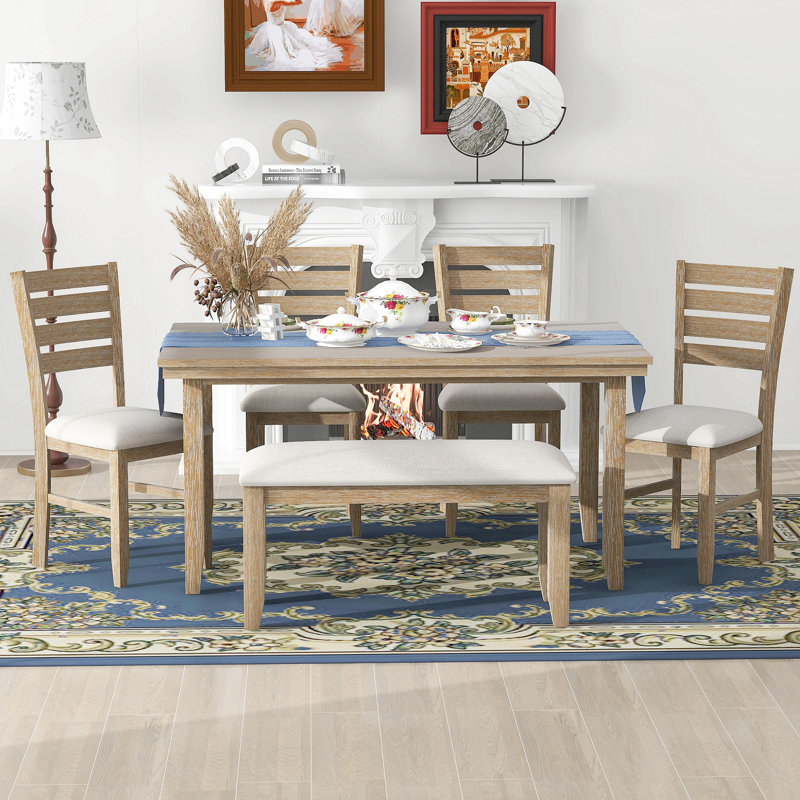 Table de salle à manger et chaises avec banc, ensemble de salle à manger en bois rustique, ensemble de 6, Bois naturel délavé