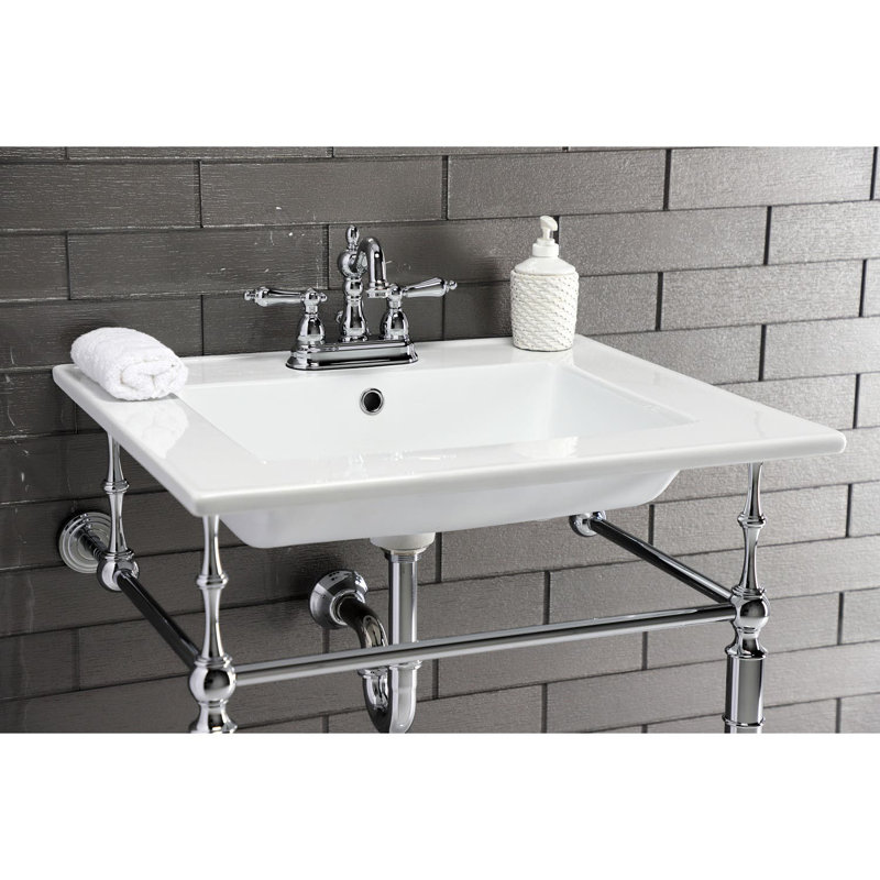 Edwardian Ceramic Rectangular 25" Console Bathroom Sink, White/Polished Chrome