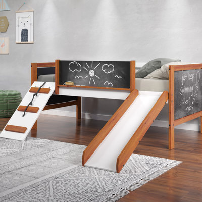 Twin Loft Bed With Slide In Cherry Oak & White Hues, Slats For Firmness, Fixed , Blackboard ' Ideas Generation, Boxes Mobility Feature And System, Access, Surfaces Art, Storage Containers