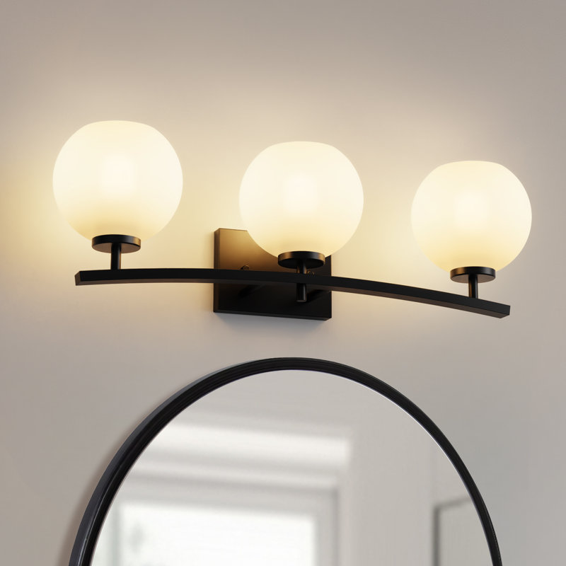 25 In. 3-Light Black Vanity Light With Globe Glass Shades For Bathroom, Mirror, Powder Room, White